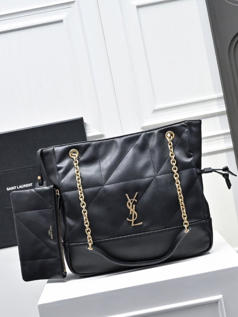 Saint Laurent Black Quilted Leather Shoulder Bag with Gold Chain